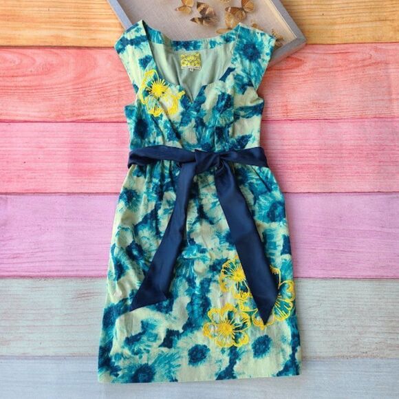 Anthropologie Floreat Blue‎ Floral Beaded Mini Pleated Sheath Dress 4 - Picture 2 of 7